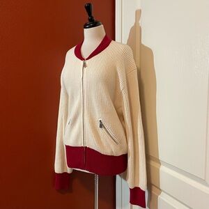 Anine Bing Women’s Jasper Creme &‎ Red Ribbed Full Zip Sweater Cardigan Jacket